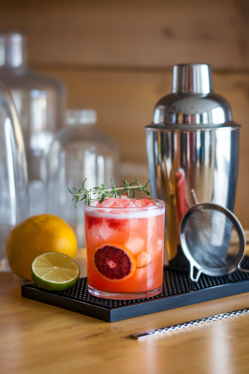 Indoor bar station with a rocks glass of muddled blood orange and grapefruit cocktail, crushed ice piled high, herb sprig garnish. No text or logos; photograph, not illustration.
