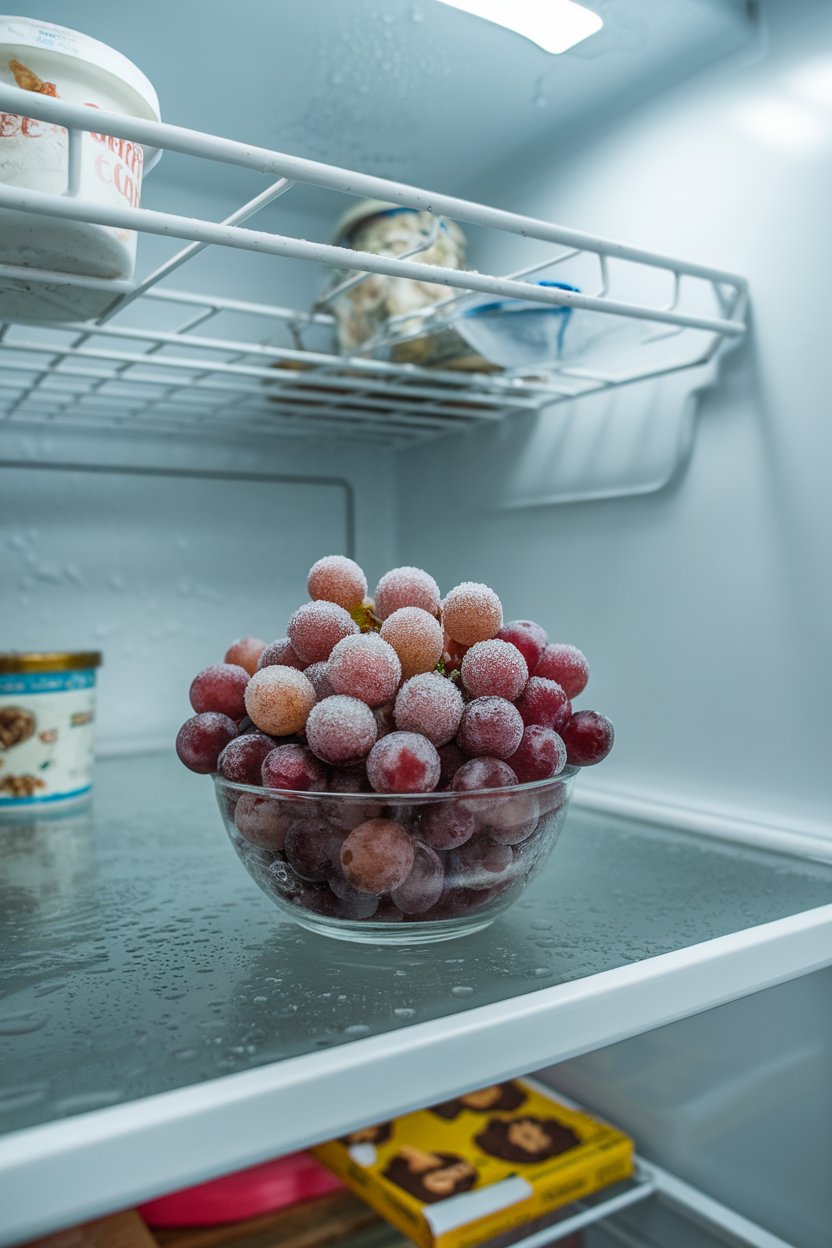An indoor freezer shelf view of a small bowl filled with frosty seedless grapes, condensation visible. No text or logos. Photo.