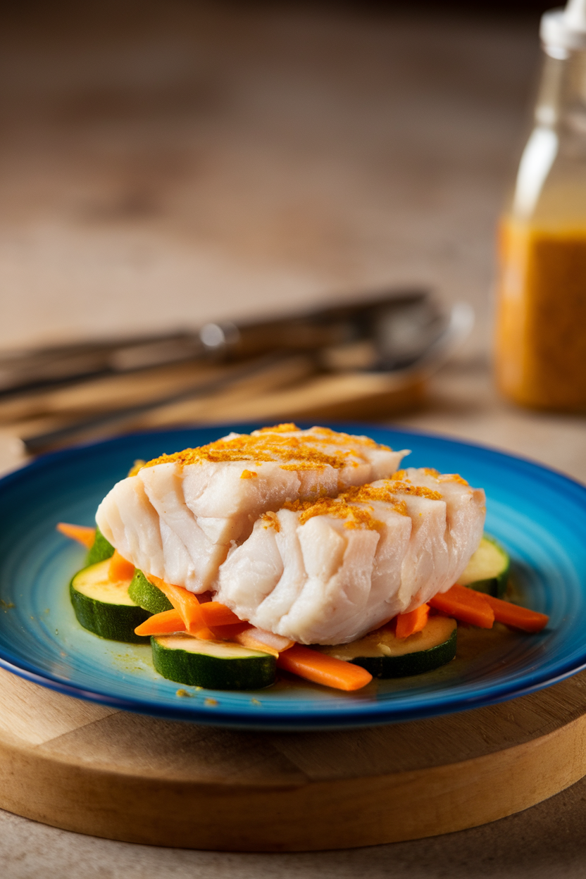 Indoor plate of flaky poached cod seasoned with turmeric and ginger, surrounded by steamed zucchini and carrots. No text or logos present.