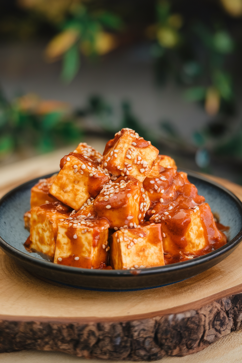 Indoor dish of golden tofu cubes coated in sweet chili sauce, sprinkled with sesame seeds—photo, no text or logos.