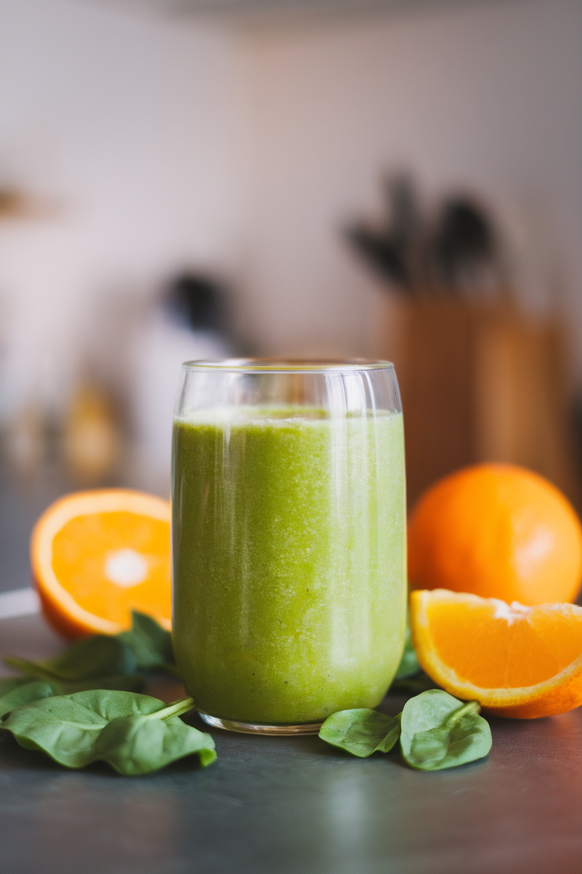 A clear glass filled with bright green smoothie on an indoor counter, surrounded by sliced oranges and baby spinach leaves; no text or logos.