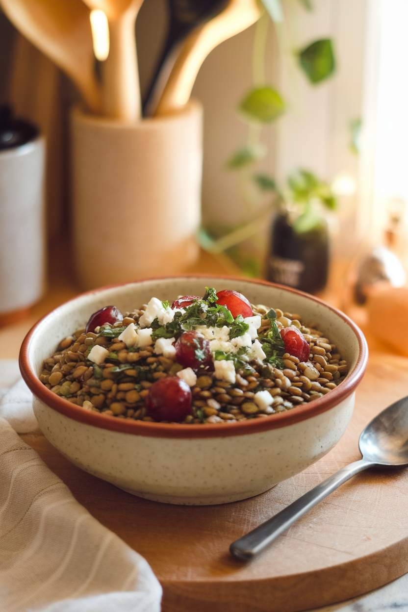 A warmly lit indoor countertop displaying a ceramic bowl of green lentils mixed with blistered red grapes, chopped herbs, and feta. No text or logos; photo only.