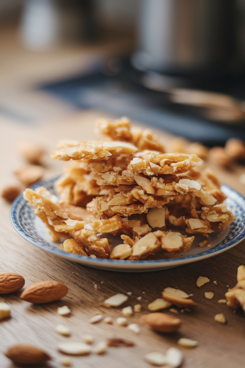 A plate of golden almond brittle broken into crumbs, shot indoors, no text or logos