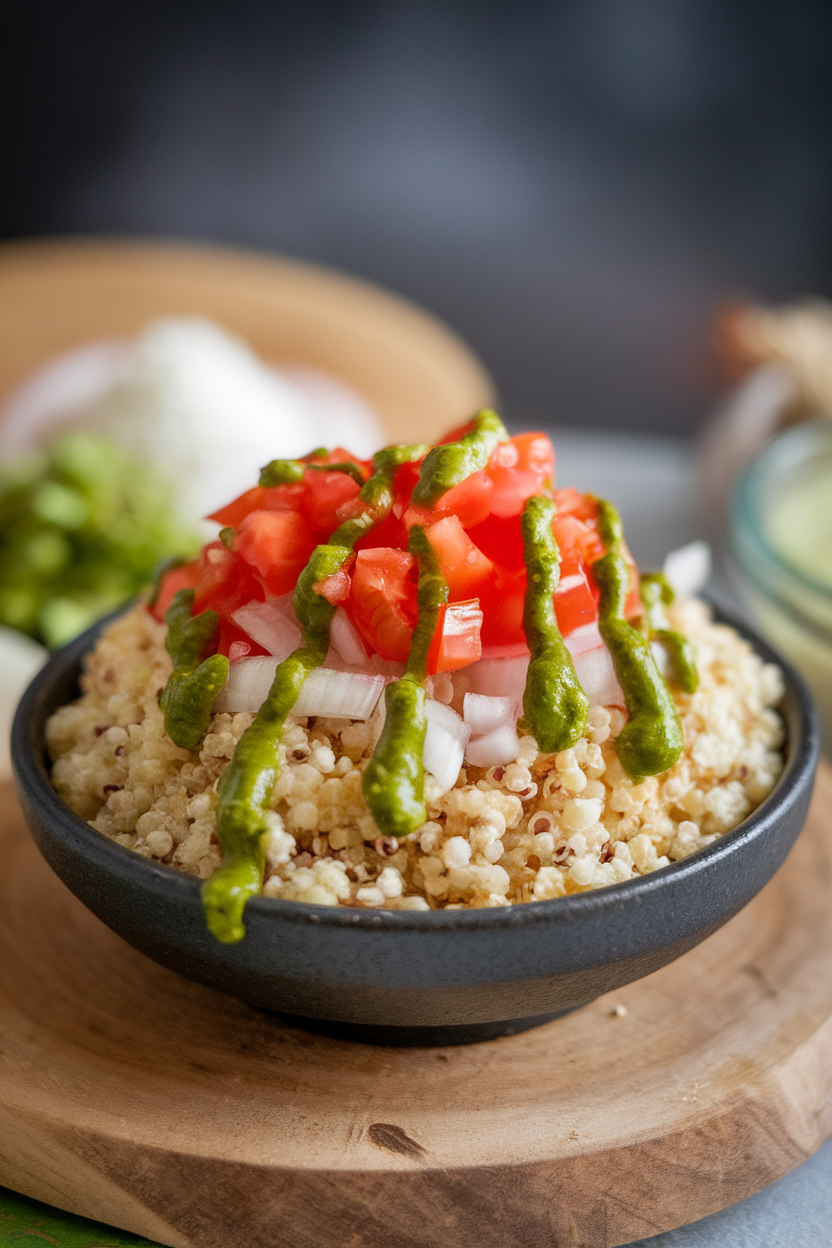 Photo prompt: An indoor bowl of puffed quinoa bhel with chopped tomatoes, onion, and green chutney drizzled over. No text or logos visible.