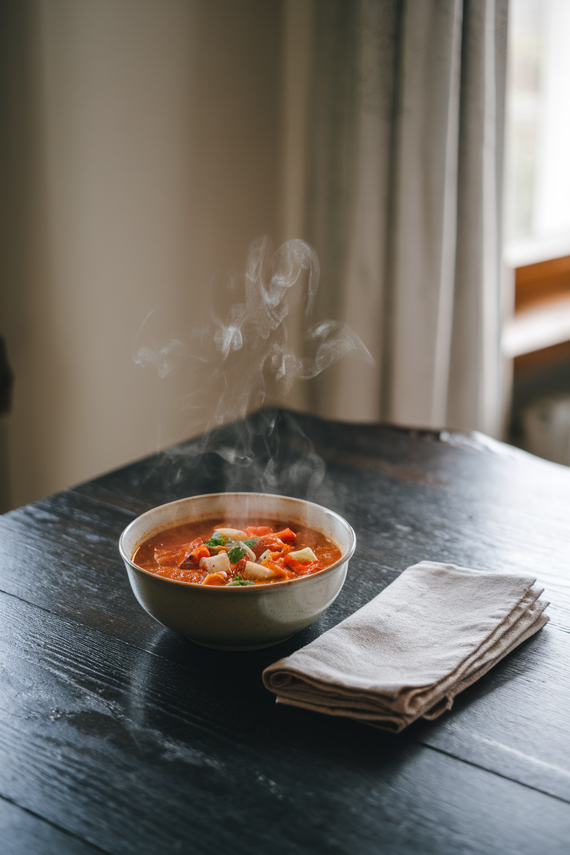 A steaming bowl of tomato vegetable soup on an indoor kitchen table, a linen napkin folded neatly beside it. No visible branding or text.