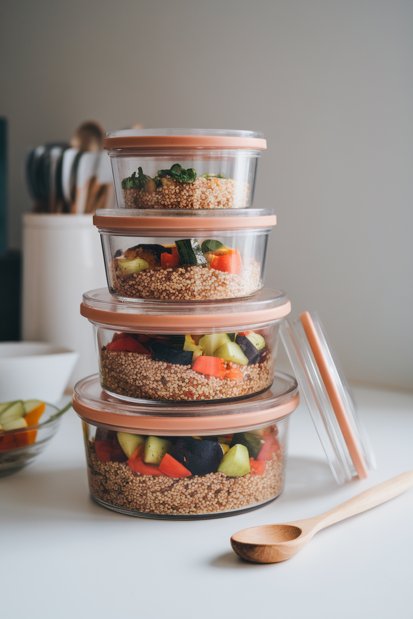 Indoor kitchen table with stackable glass containers holding quinoa bowls and roasted vegetables, lids off to the side, no text.