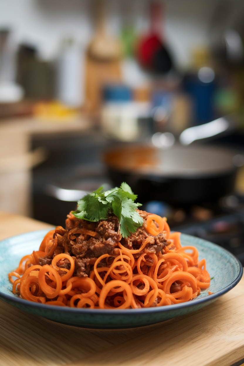 Indoor plate of curly carrot “noodles” tossed with chili-infused beef, cilantro scattered on top—no text or logos.