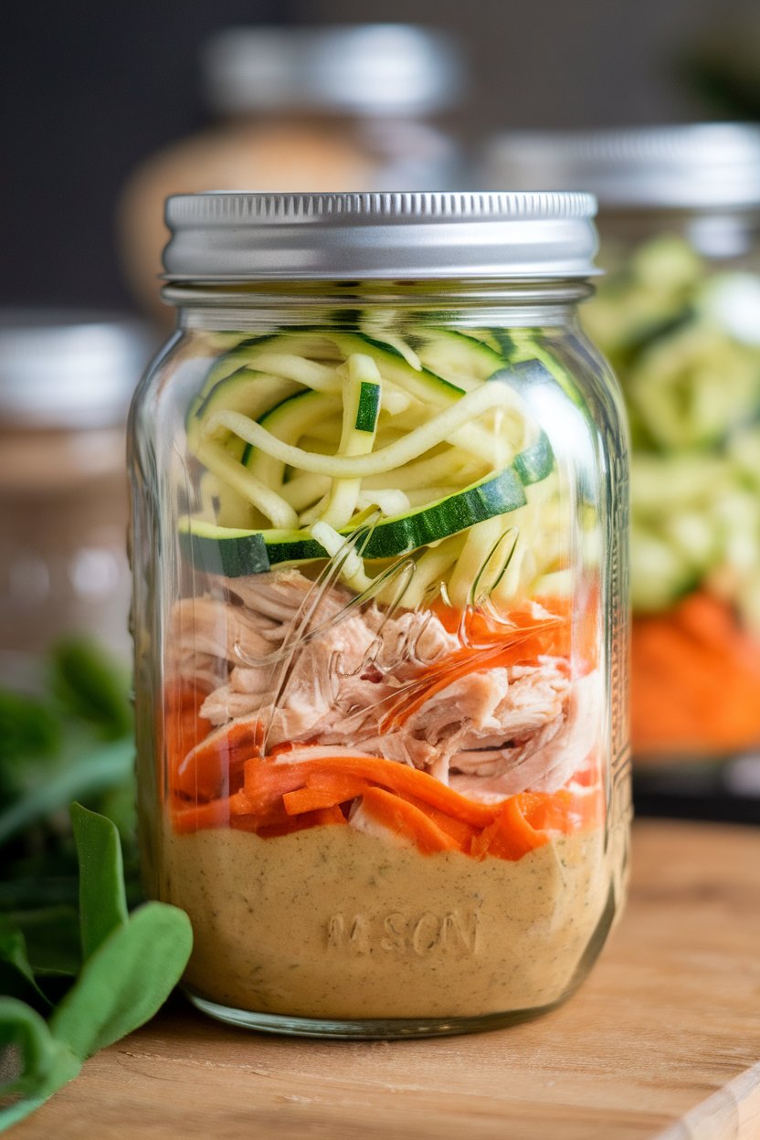 A mason jar indoors layered with zucchini noodles, shredded chicken, shredded carrots, and peanut ginger sauce. No text or logos; photo only.