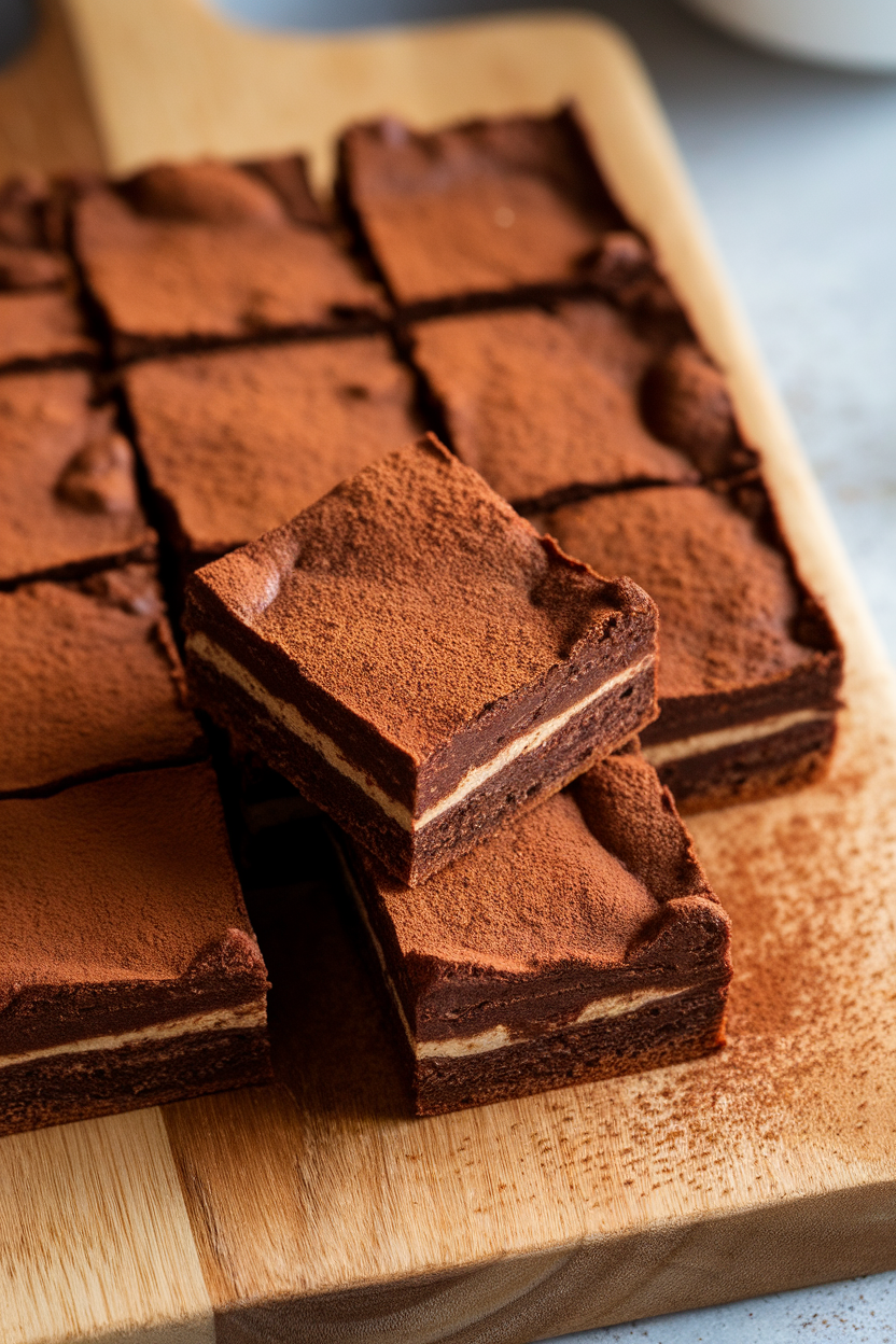 Photo prompt: An indoor cutting board with squares of fudgy ragi brownies, dusted lightly with cocoa powder. No text or logos present.