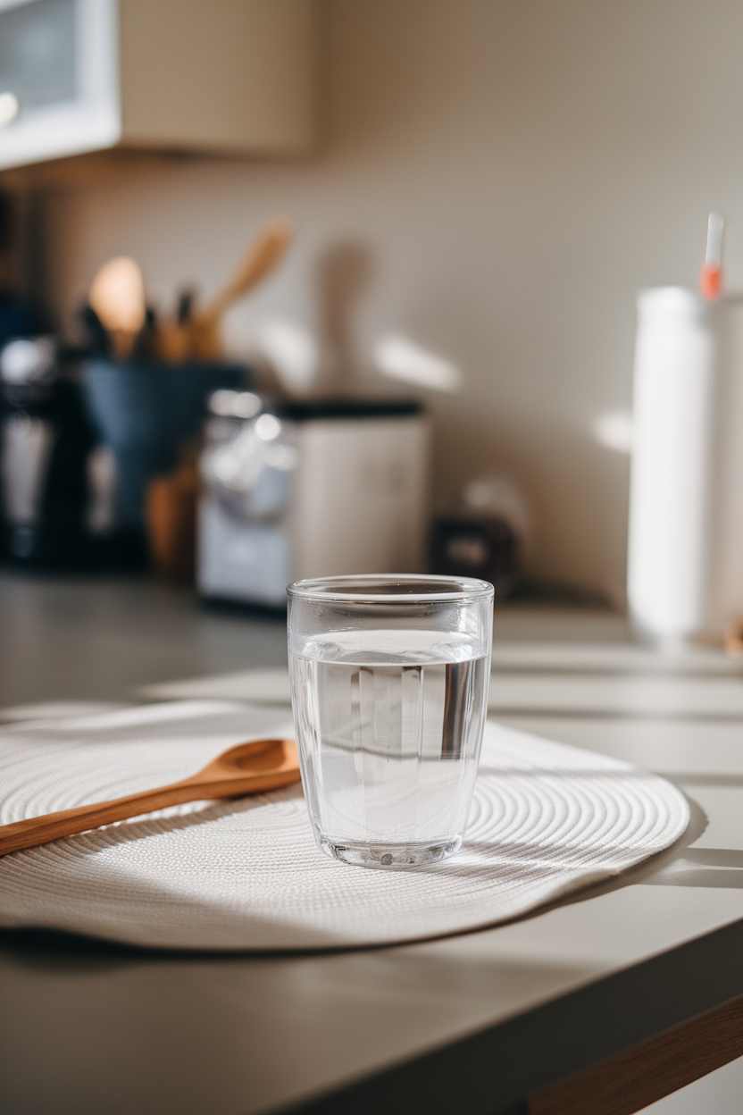 A clear 12-ounce glass of water placed on a kitchen table beside a neatly set place mat, soft indoor light reflecting off the surface. No brands or logos.