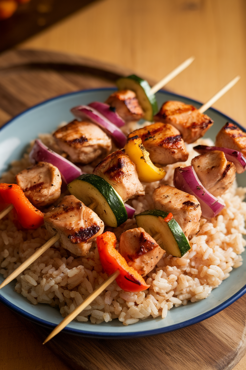 Indoor platter with skewers of grilled chicken chunks, zucchini, red onion, and bell peppers, served over a bed of brown rice; no text or logos, photo style.