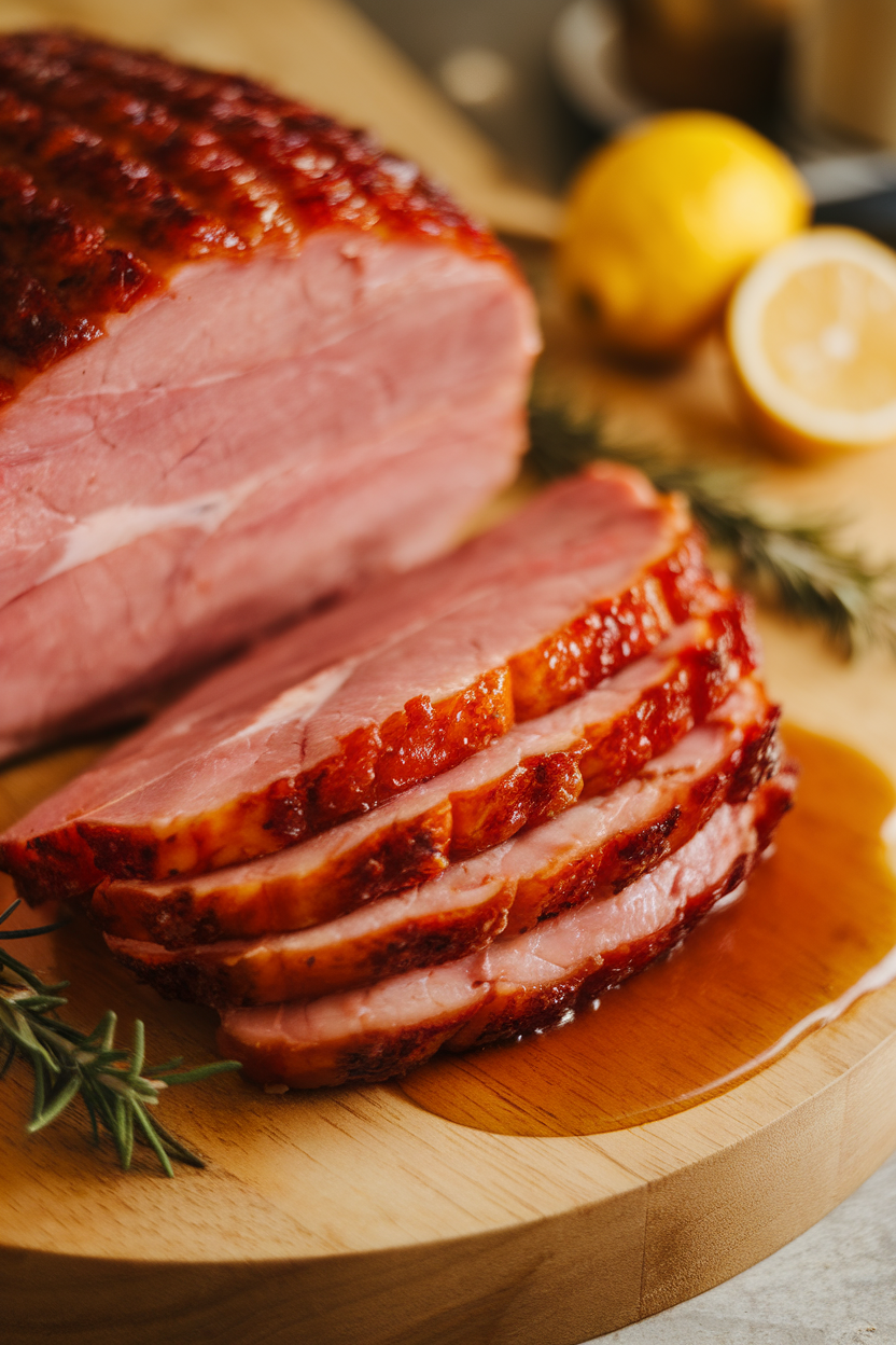 Indoor carving board with thick slices of glazed ham, edges caramelized, maple glaze pooled nearby. No text or logos visible. Photo only.