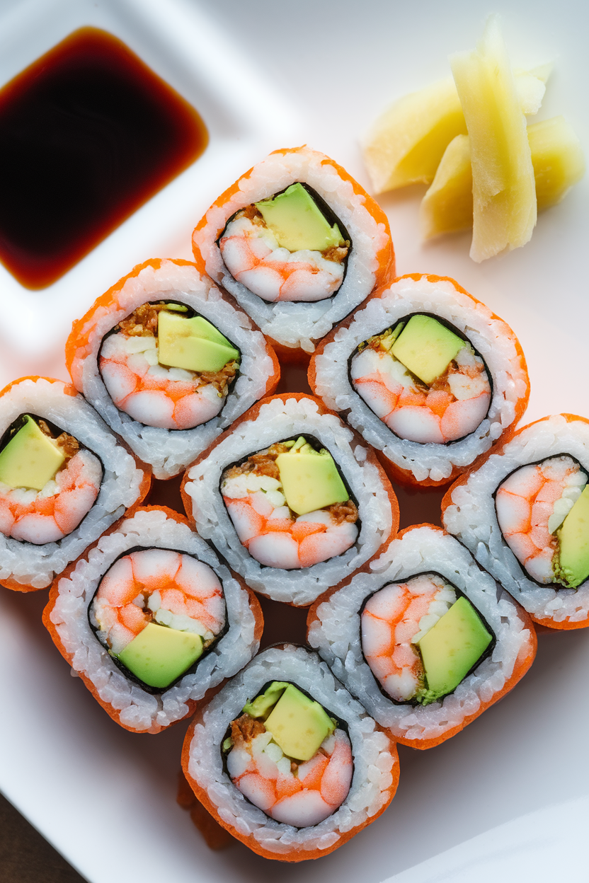 Indoor plate photo of sliced sushi rolls filled with cooked shrimp, avocado, and brown rice; top lighting, no text or logos.