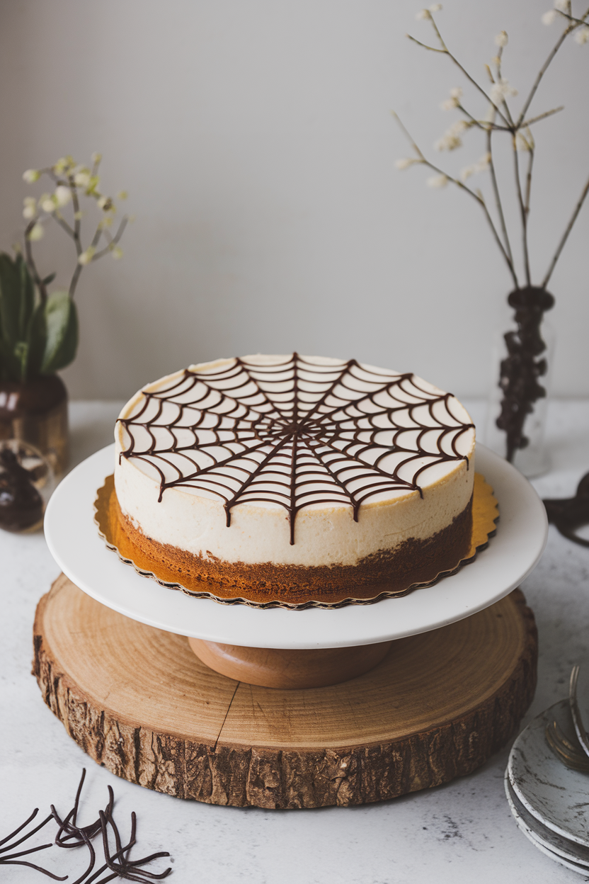 A round cheesecake with chocolate ganache spiderweb pattern on top, indoor cake stand, no text or logos.