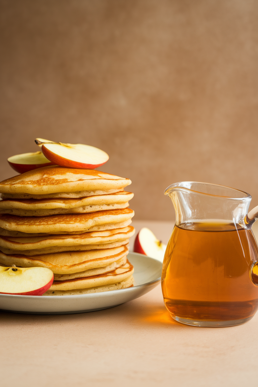 Indoor photo of apple-flecked pancakes alongside a small pitcher of warm apple cider syrup; no text or logos.