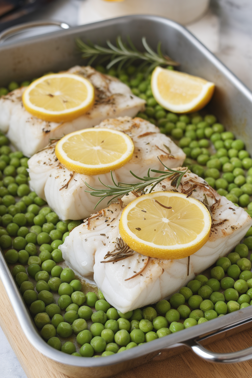An indoor baking dish showing flaky roasted cod fillets seasoned with herbs, bright green peas scattered around; no text or logos, photo not illustration.