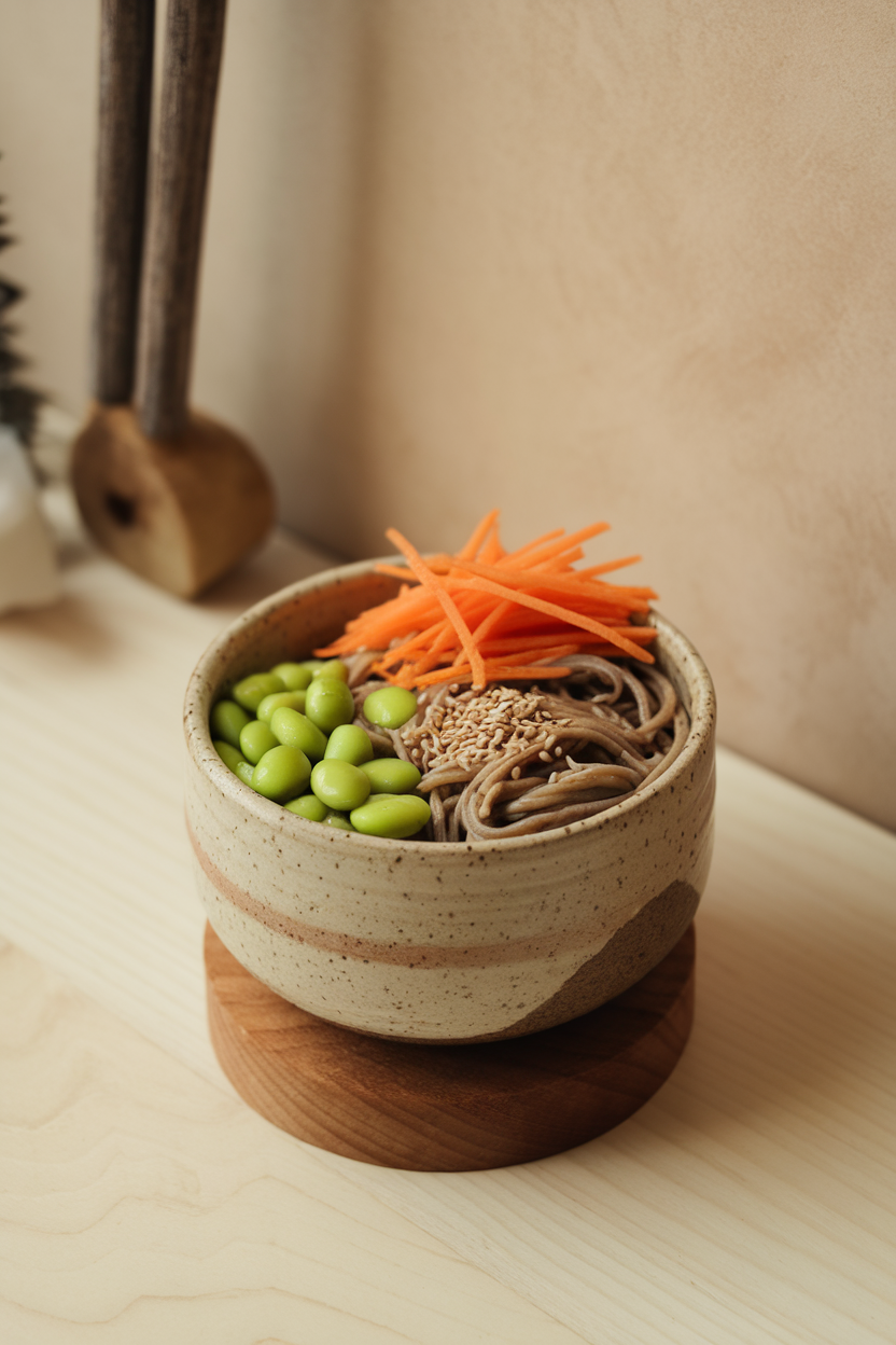 A ceramic bowl indoors with a modest scoop of soba noodles, shelled edamame, julienned carrots, and sesame seeds. No text or logos.