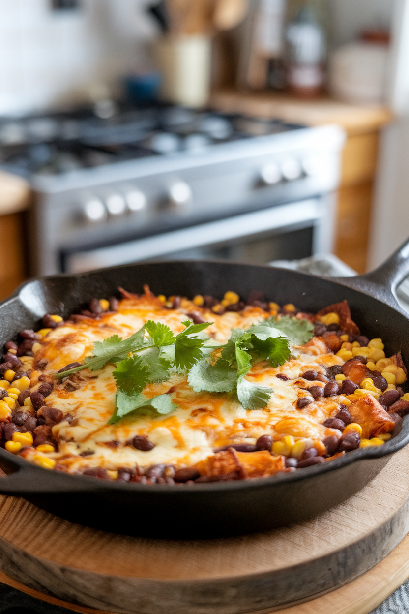 An indoor cast-iron skillet filled with bubbling black bean, corn, and tortilla pieces under melted cheese; cilantro garnish, no text or logos, photo not illustration.