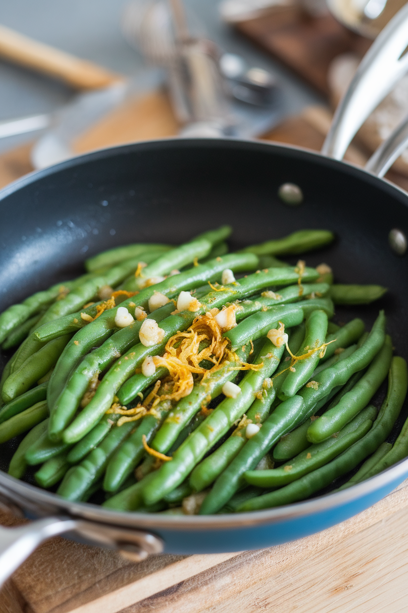 Indoor sauté pan holding bright green beans coated with garlic bits and lemon zest. No text or logos. Photo, not illustration.