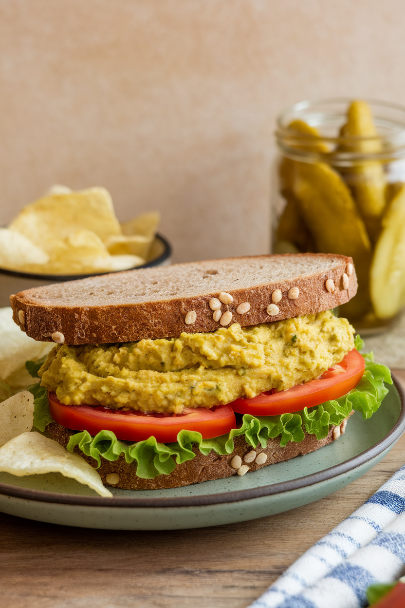 Indoor lunch plate with whole-grain sandwich filled with mashed chickpea-avocado spread, lettuce, and tomato slices; no text or logos, photo style.
