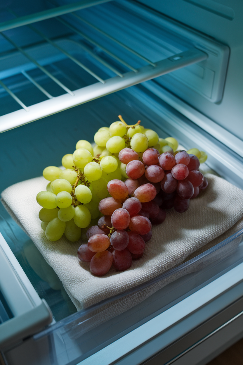 Photo, indoor fridge drawer showing a cluster of green and red seedless grapes resting on a linen towel, cool light, no logos.