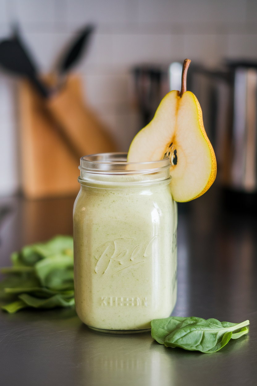 An indoor kitchen counter with a mason jar of light green smoothie, pear slice on the rim, spinach leaves scattered nearby. No text or logos; photo.