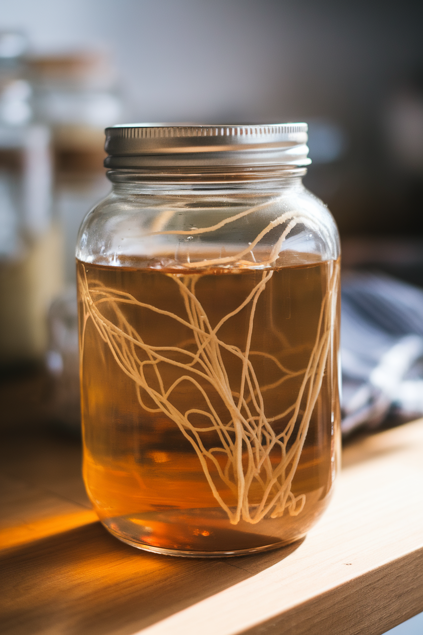 Indoor photo of a mason jar of cloudy apple cider vinegar with the “mother” visible at the bottom; daylight on a wooden counter, no text or logos
