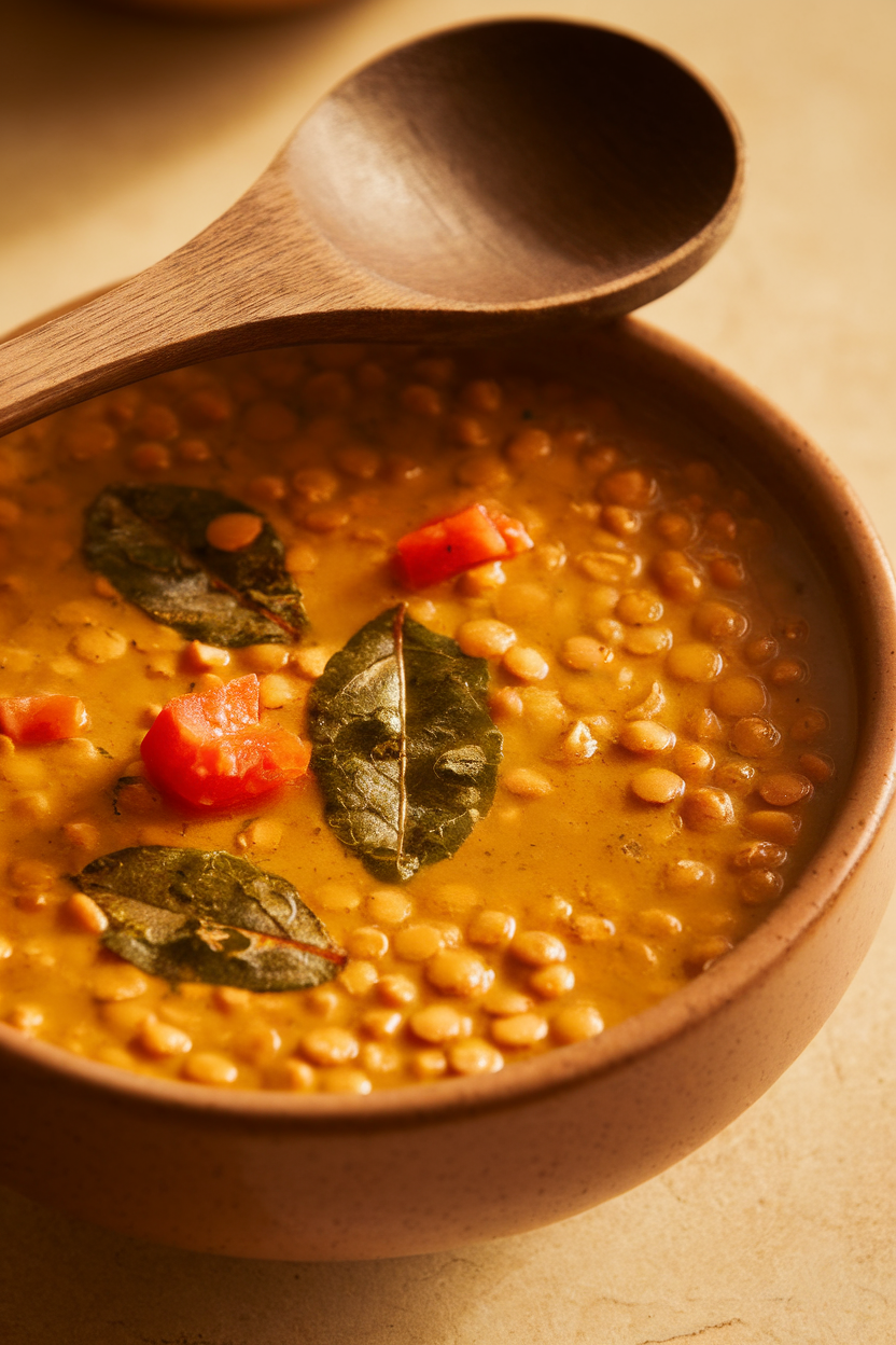 Photo prompt: An indoor bowl of golden lentil soup with floating curry leaves and diced tomato, wooden ladle resting. No text or logos visible.