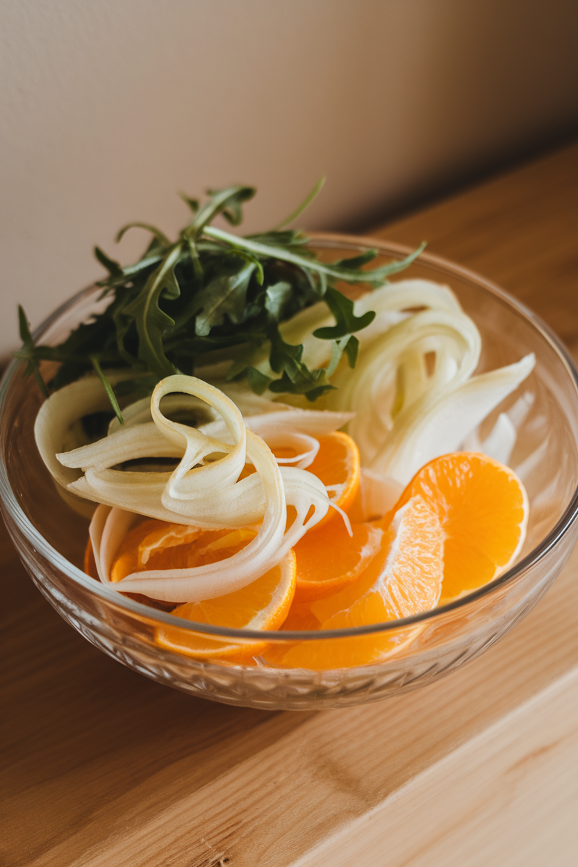 A glass bowl indoors containing paper-thin fennel ribbons, orange segments, and arugula, lightly glistening. Photo, no text or logos.