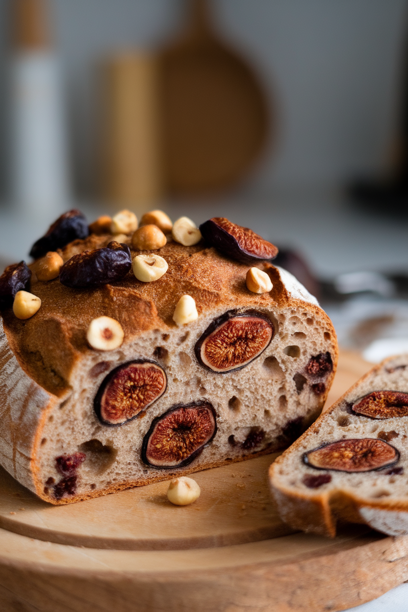 An indoor wooden board with a crusty loaf studded with dried figs and hazelnuts, one slice showing the cross-section. No text or logos. Photo only.