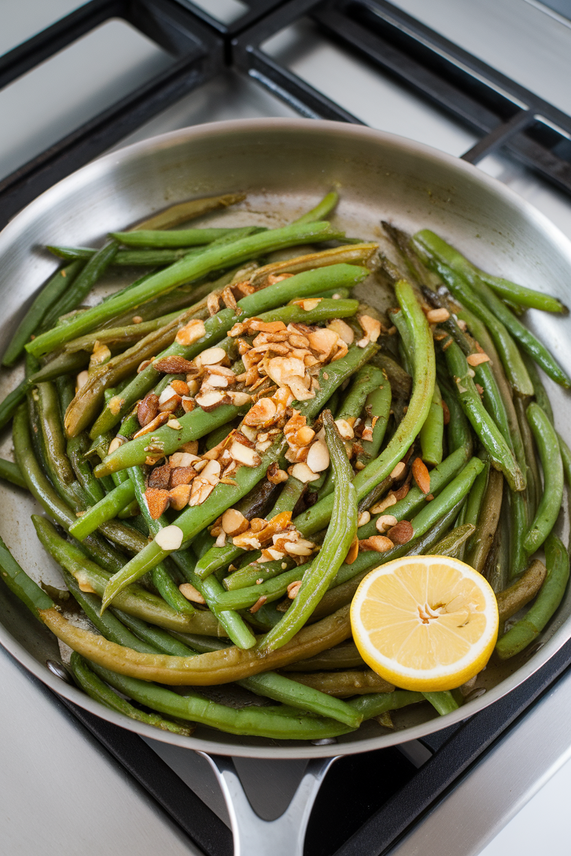 Indoor stovetop photo of sautéed green beans topped with toasted almond slivers and a squeeze of lemon, in a wide stainless skillet. No text or logos.