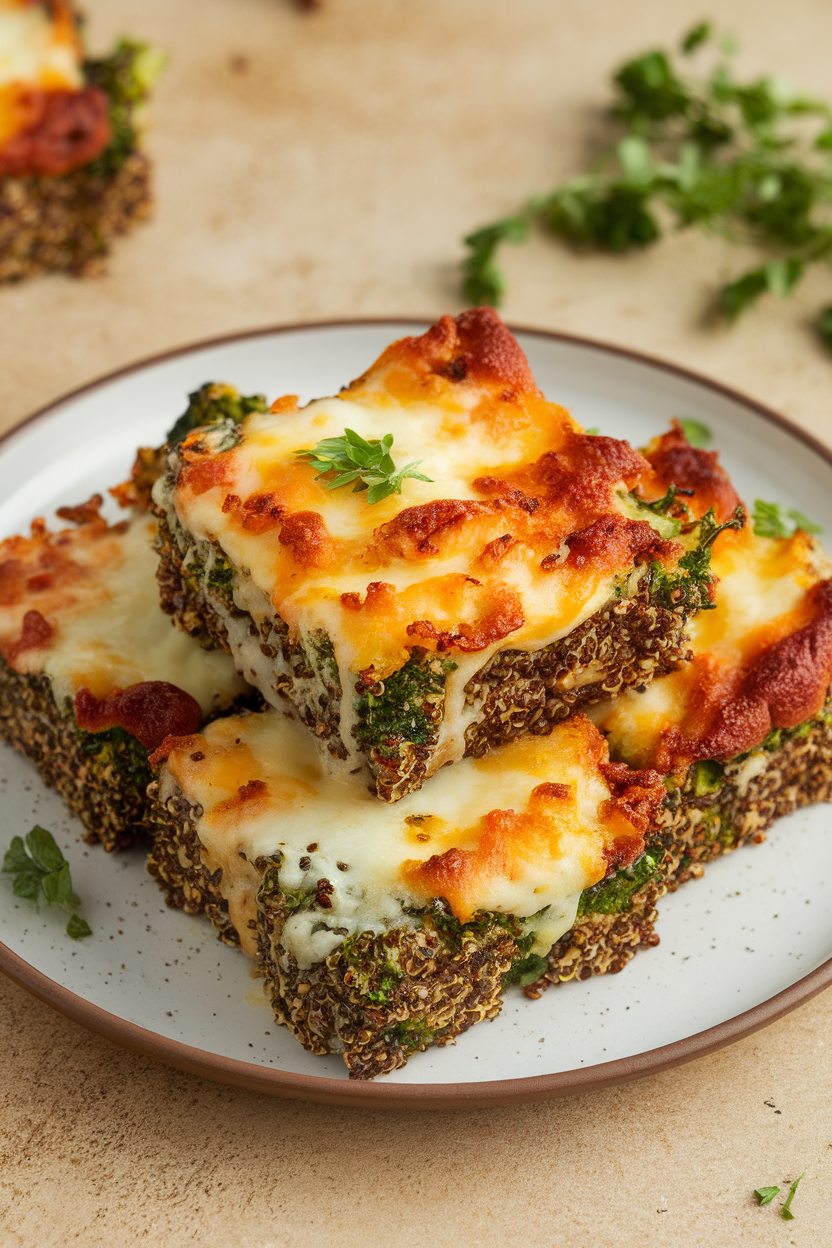 Indoor photo of individual quinoa broccoli squares with melted cheese on top; no text or logos