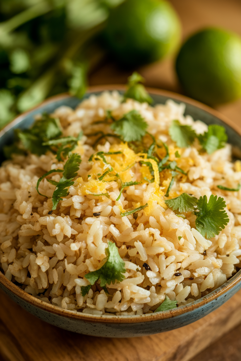 Indoor photo of fluffy brown rice speckled with cilantro and lime zest in a serving bowl; no text or logos