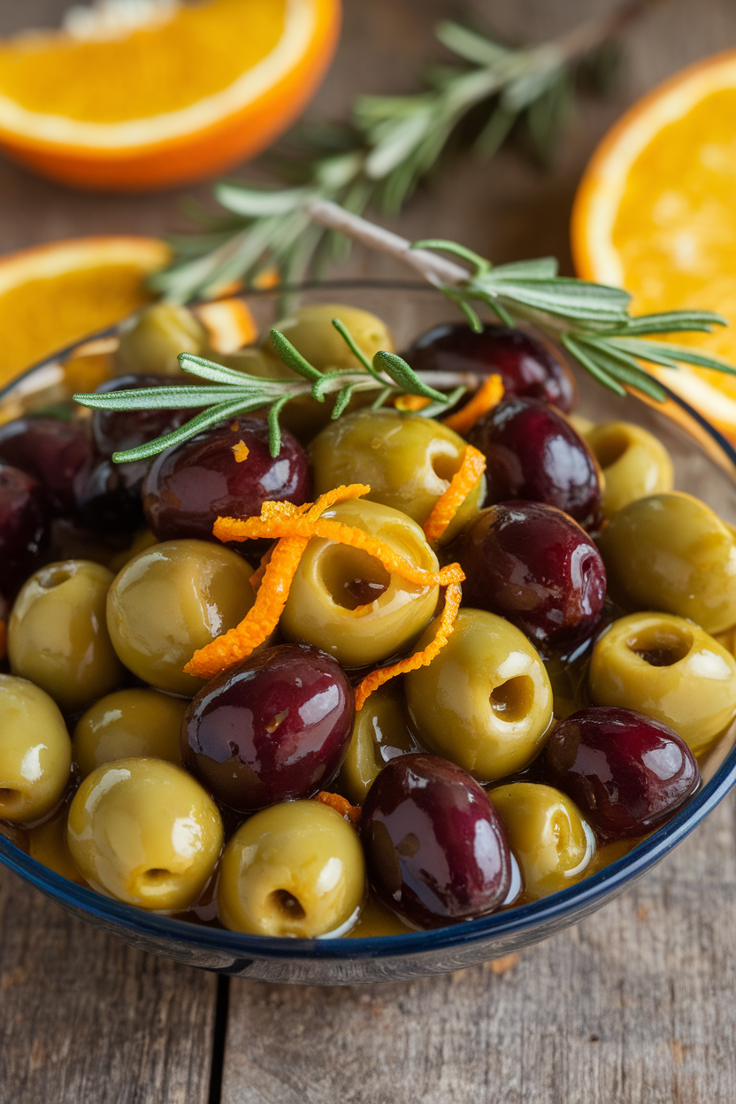 Indoor bowl of mixed olives glistening in orange zest and rosemary marinade—photo, no text or logos.