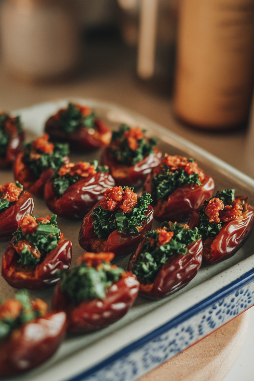 Indoor photo of glossy Medjool dates split and filled with finely chopped kale and sun-dried tomato mixture, set on a ceramic tray. No logos or text.