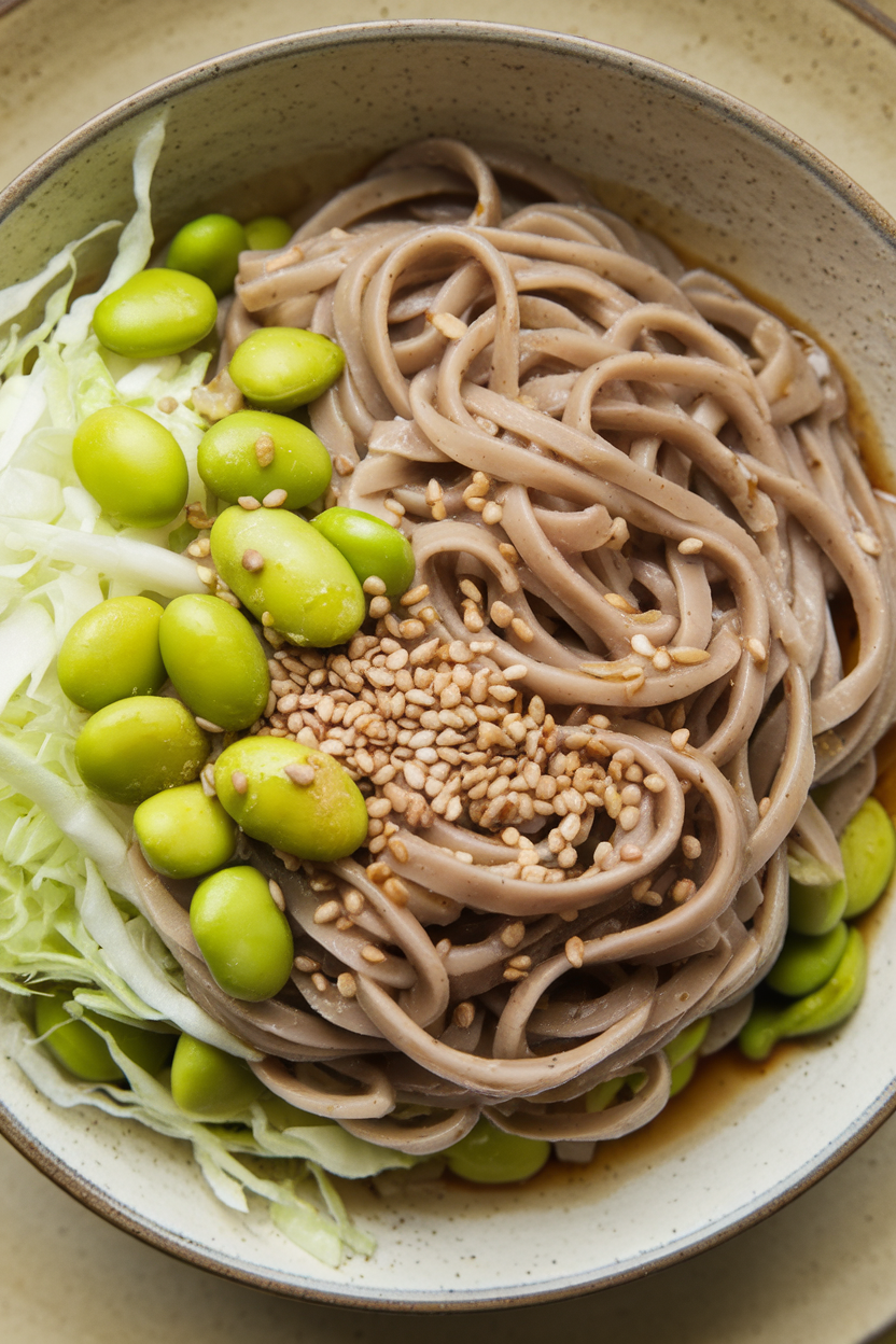 Indoor photo of chilled soba noodles tossed with edamame, shredded cabbage, and sesame seeds in a shallow bowl; no text or logos.