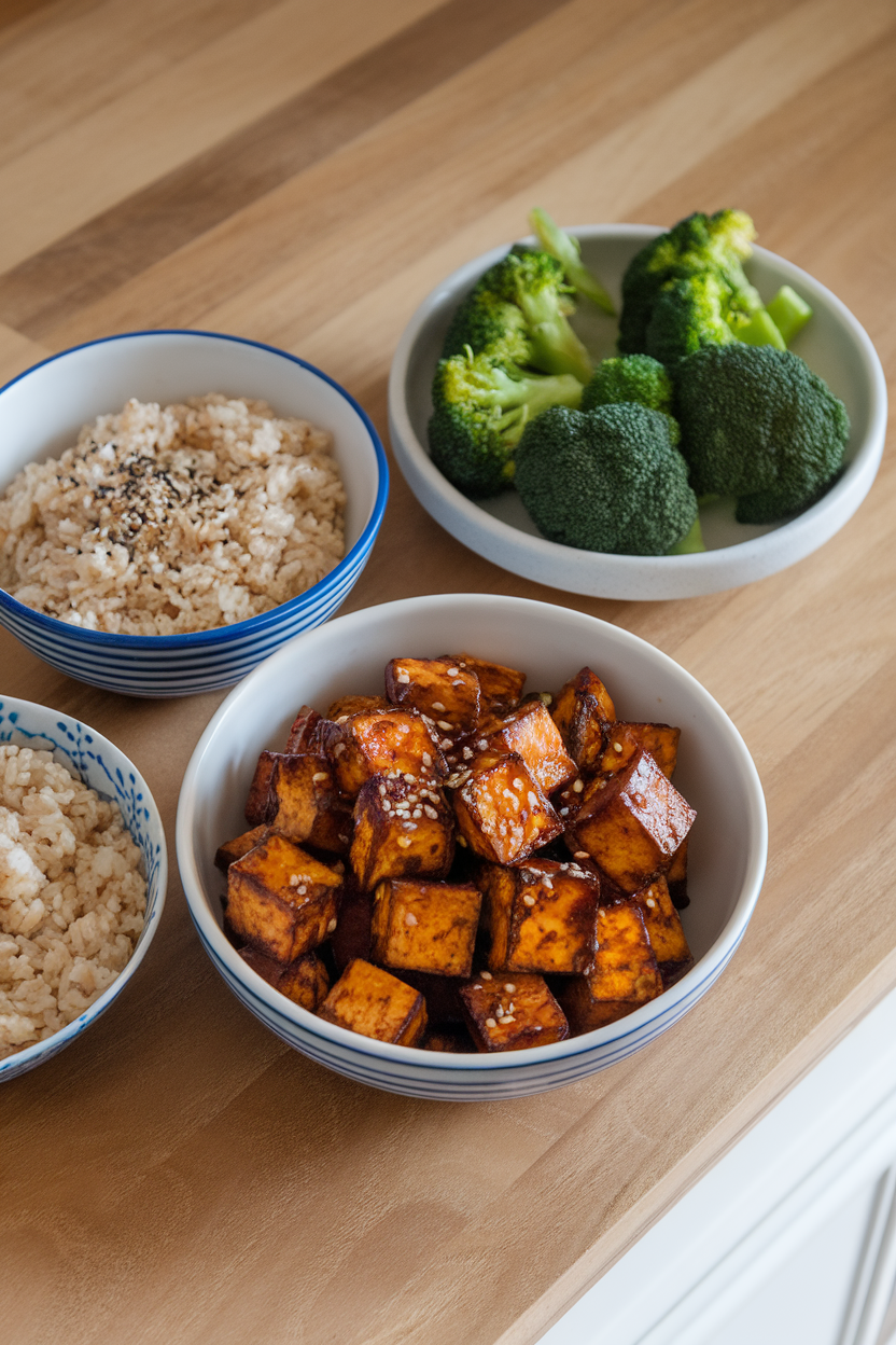 Indoor kitchen table shot of bowls filled with brown rice, roasted sweet chili-glazed tofu cubes, and steamed broccoli, sesame seeds sprinkled on top. No logos or text.