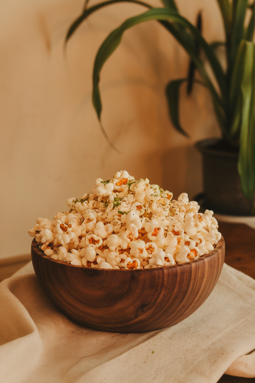 A wooden bowl of air-popped popcorn sprinkled with green herb seasoning, indoors on a coffee table. No text or logos.