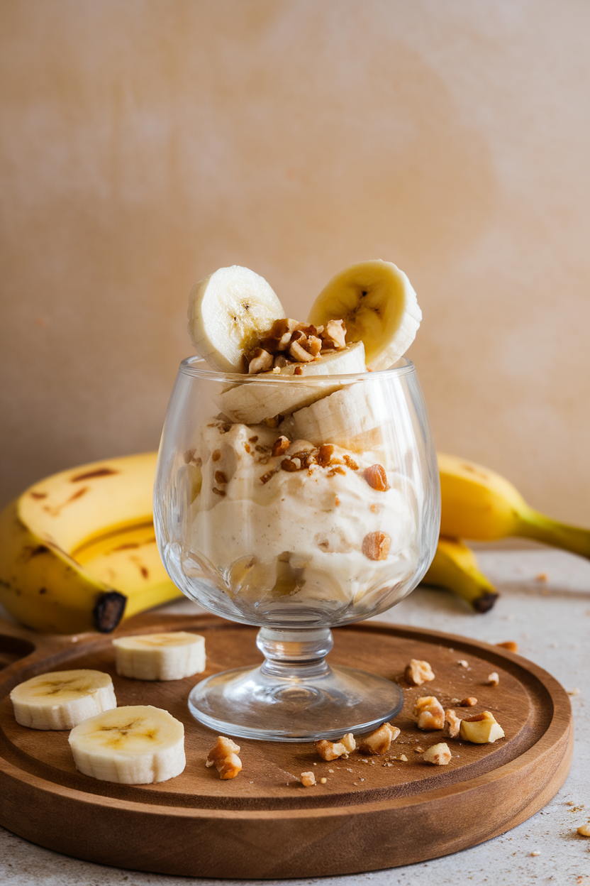An indoor sundae glass filled with caramelized banana slices over banana nice-cream, sprinkled with crushed nuts—no text or logos; photo, not illustration