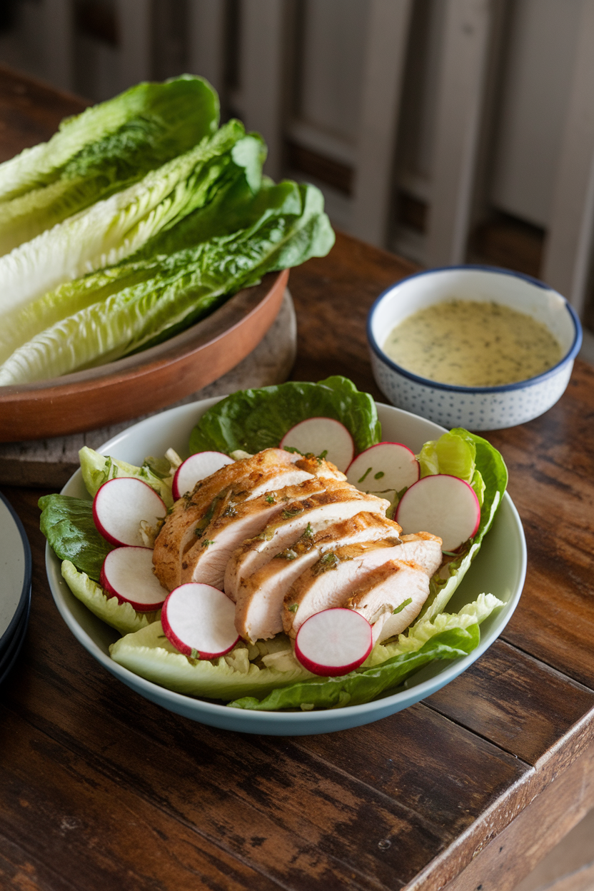 Indoor table with a bowl of romaine, avocado-herb dressing, sliced chicken, and sliced radish toppings — no text or logos