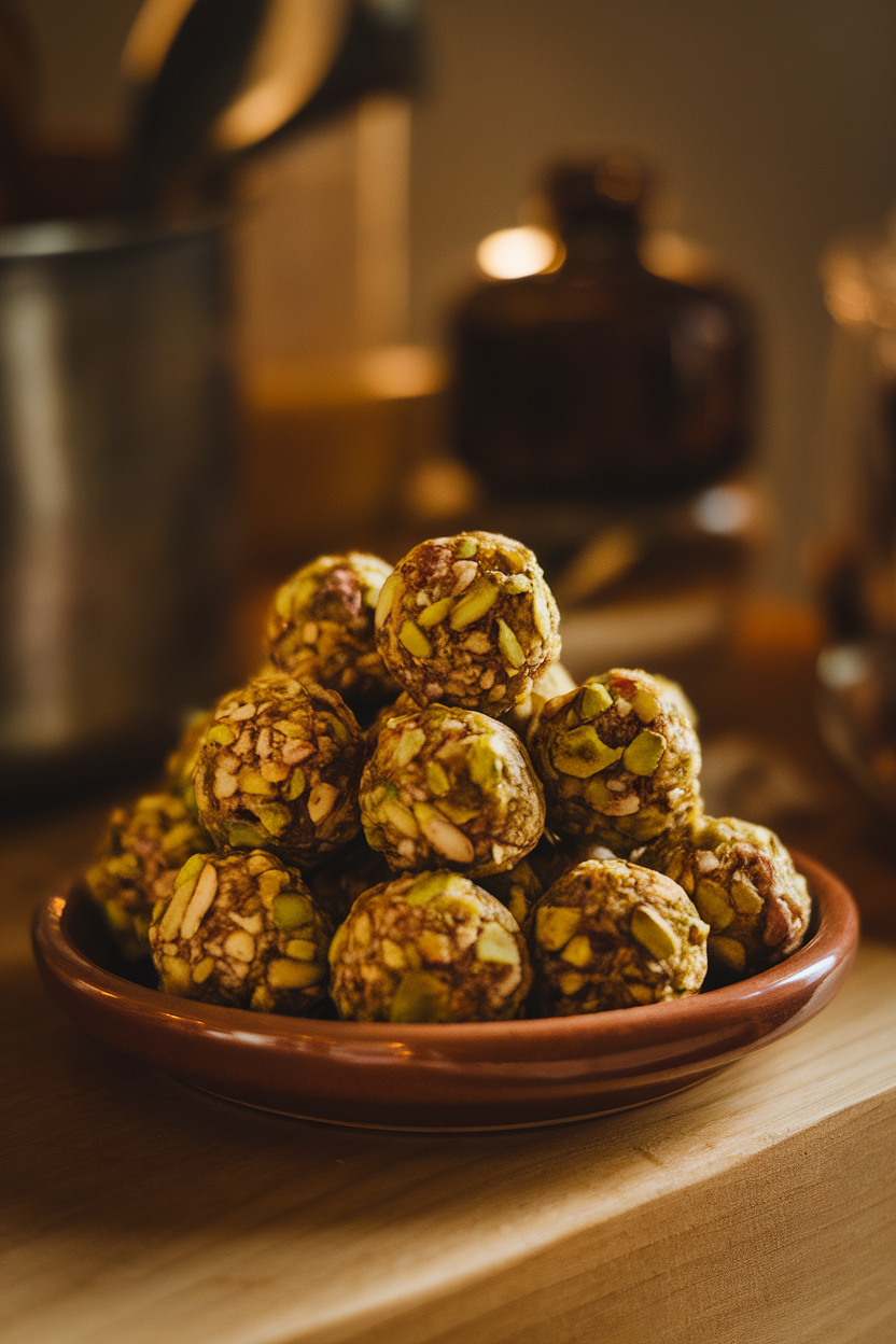 An indoor ceramic plate piled with round pistachio-coated energy balls, warm side lighting, no logos or text.