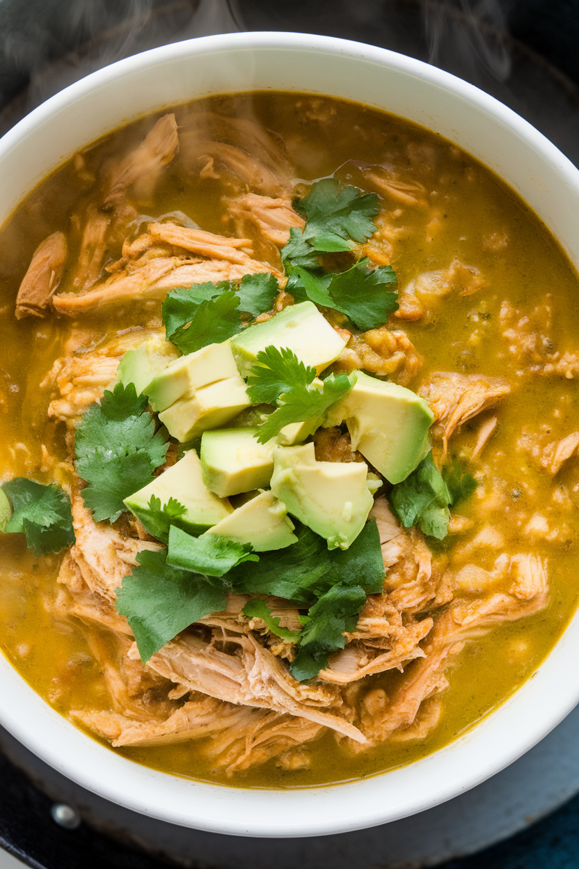 Indoor photo of shredded chicken chili tinged green from tomatillos, topped with diced avocado and cilantro, steam visible; no text or logos.
