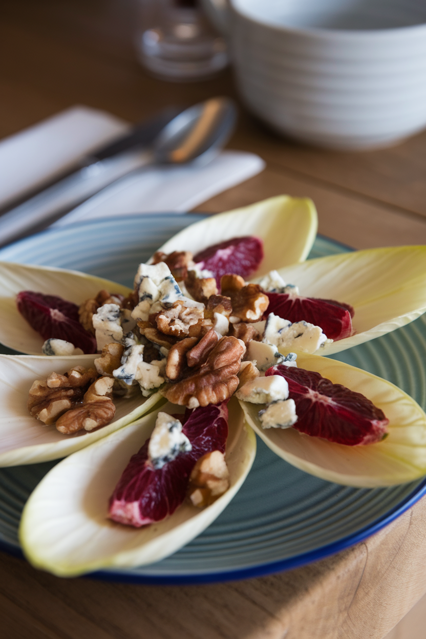Photo of an indoor dining plate featuring endive leaves topped with blood orange segments, toasted walnuts, and blue cheese crumbles. No logos or text.