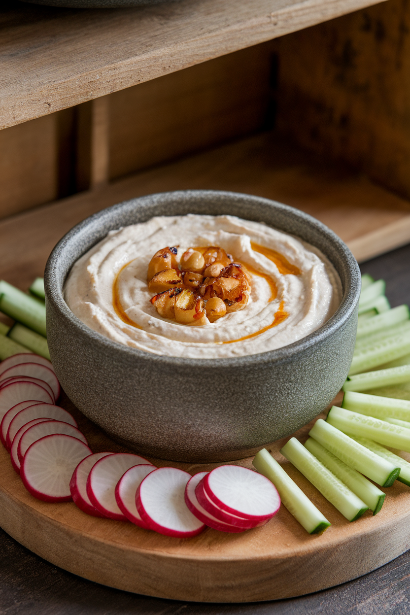 Indoor photo of a stoneware bowl filled with creamy white bean dip, swirled with roasted garlic, surrounded by radish rounds and cucumber sticks. No logos or text.
