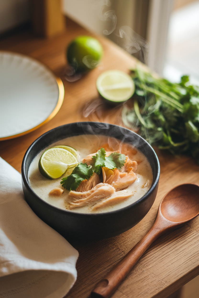 A cozy indoor tabletop scene with a steaming bowl of coconut chicken soup, garnished with lime wedges and cilantro. No text or logos. Photo only.