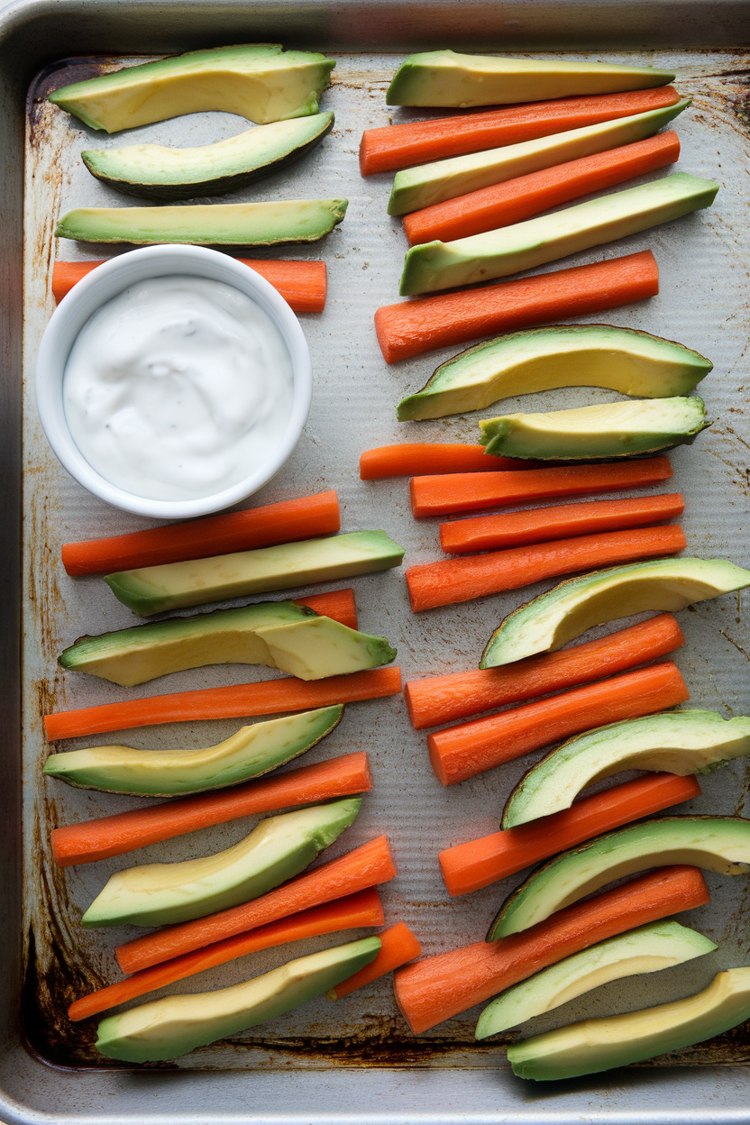 An indoor photo of baked carrot and avocado strips arranged like fries on a baking sheet, Greek yogurt dipping sauce in a small bowl. No text or logos.