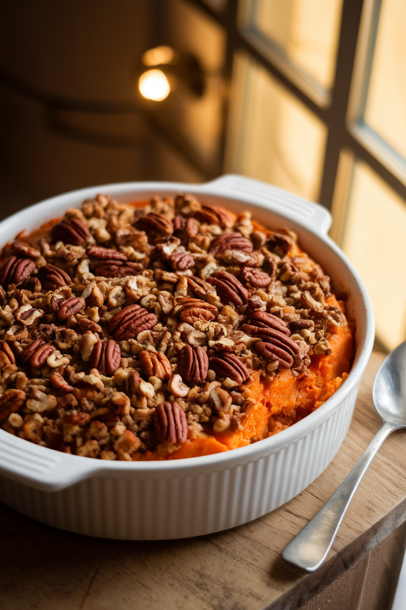 Photo of sweet potato casserole topped with crunchy pecan crumble, marshmallow-free, warm indoor light, no text or logos.