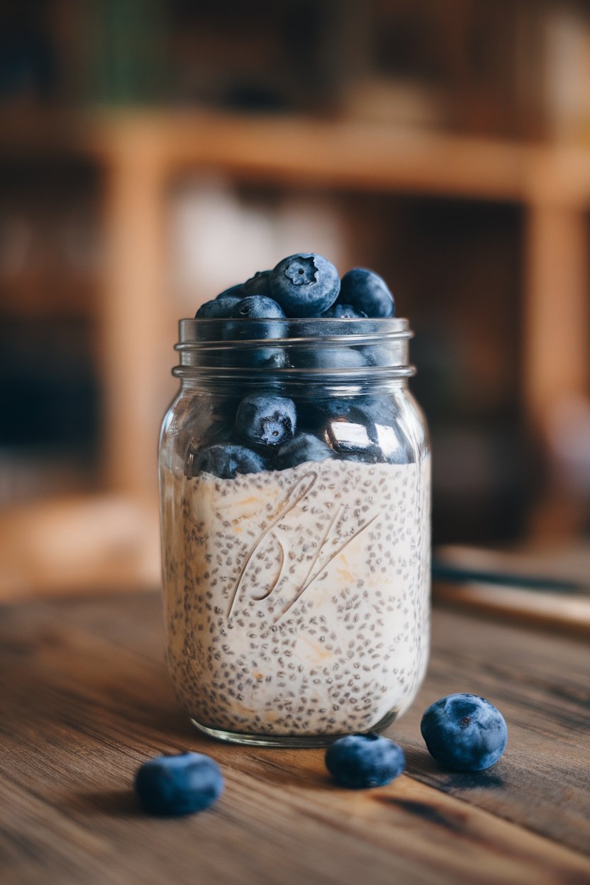 A mason jar containing soaked oats, chia seeds, and almond milk topped with blueberries, sitting on a wooden indoor table. No text or logos. Photo.