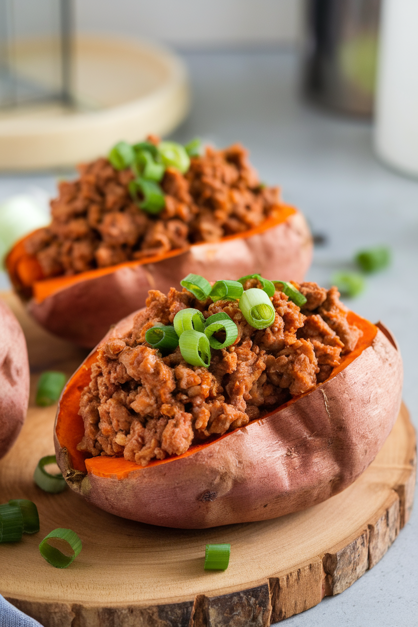 Indoor photo of halved baked sweet potatoes overflowing with saucy barbecue-style ground turkey and topped with scallions. No text or logos.