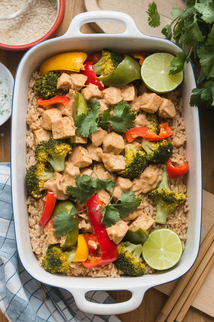 Indoor kitchen counter displaying a casserole full of diced chicken breast, bell peppers, broccoli, and brown rice coated in a light peanut sauce, garnished with cilantro and lime wedges. No text or logos.